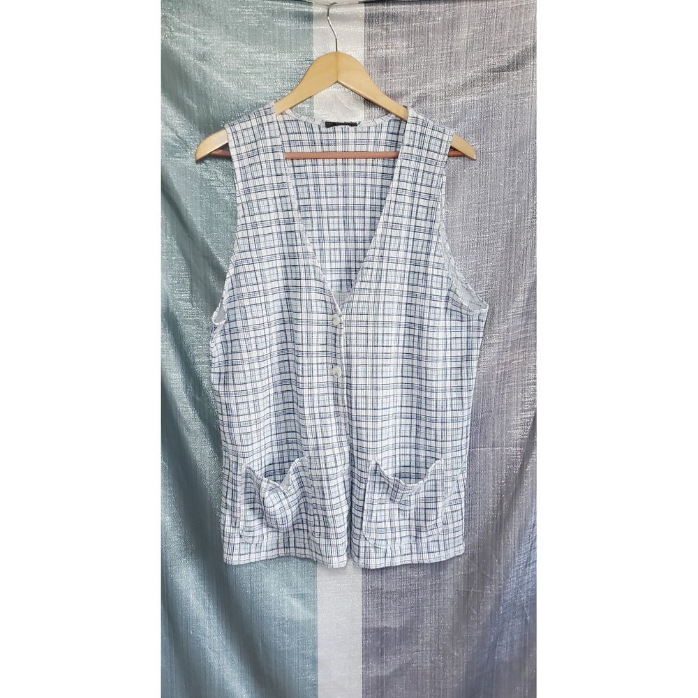 Womens Plaid‎ Button Front Sleeveless Vest Pockets Blue White Prairie Oversized